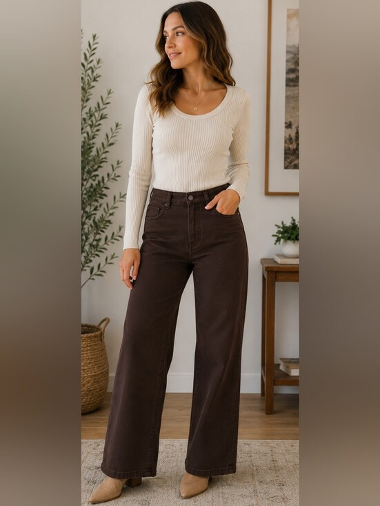DL1961 Denim - DL1961 Women's Hepburn Wide Leg High Rise Vintage Chocolate Brown Jeans
